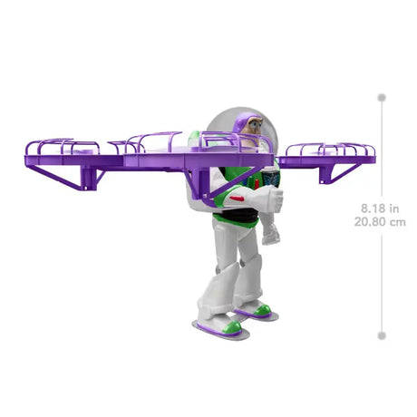 Side view of Flying RC Buzz Lightyear with four purple propeller guards and an 8.18 inch height measurement
