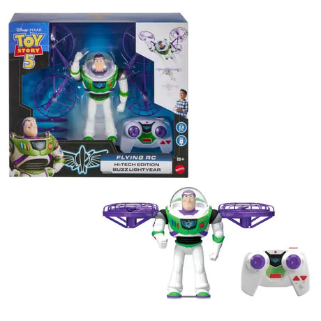 Toy Story 5 Flying RC Buzz Lightyear retail box with the flying figure and remote controller displayed below