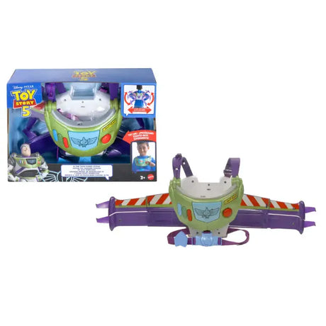 Disney and Pixar Toy Story 5 Hi Tech Space Ranger Jetpack with wings extended beside its retail box