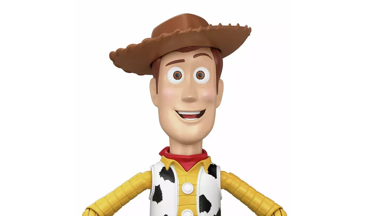 Close view of the Toy Story 5 Running Woody figure with cowboy hat and smiling face