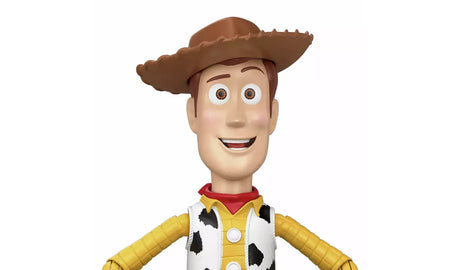 Close view of the Toy Story 5 Running Woody figure with cowboy hat and smiling face