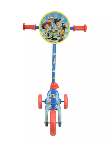 Front-facing view of the Toy Story Deluxe Tri Scooter showing Toy Story character handlebar disc, red grips, blue alien-printed stem and three red and yellow wheels