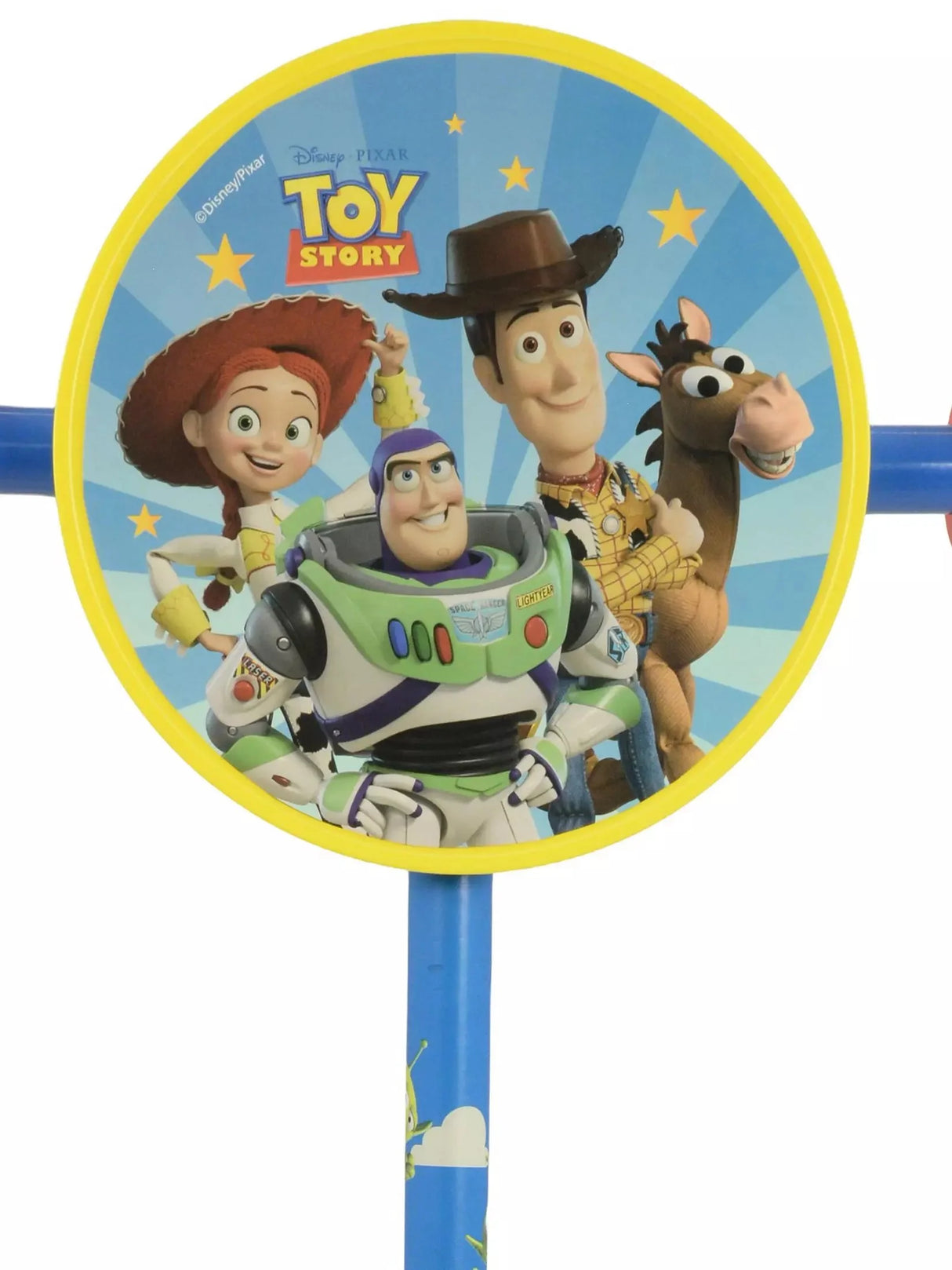 Close-up of the Toy Story Deluxe Tri Scooter circular handlebar disc featuring Buzz Lightyear, Woody, Jessie and Bullseye on a yellow-bordered blue background