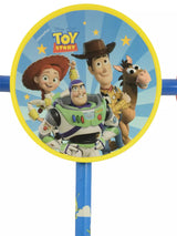 Close-up of the Toy Story Deluxe Tri Scooter circular handlebar disc featuring Buzz Lightyear, Woody, Jessie and Bullseye on a yellow-bordered blue background