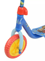 Close-up of the Toy Story Deluxe Tri Scooter front wheel showing a red tyre, yellow spoke hub, light blue fork and blue stem with Toy Story alien character graphics