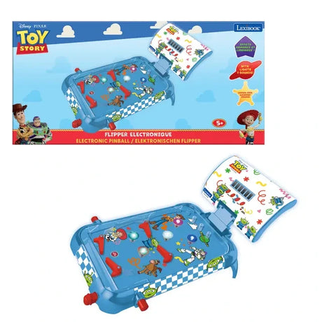 Toy Story electronic table pinball shown beside its Lexibook retail packaging