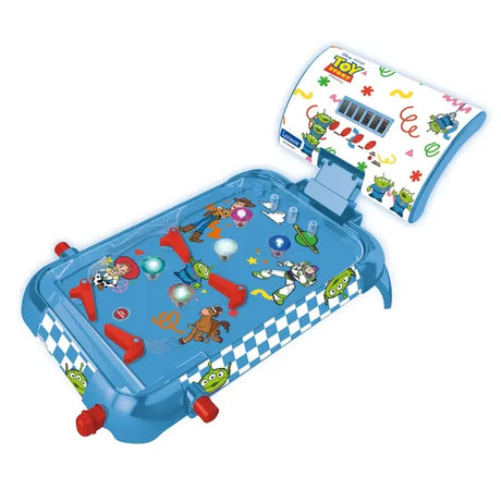 Lexibook Toy Story electronic table pinball with blue playfield, red flippers and digital score display