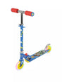 Front side view of the Toy Story inline scooter showing blue alien-printed stem, red foam grips with sheriff star end caps, Toy Story character deck graphic and two light-up yellow inline wheels