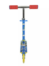 Front-facing view of the Toy Story inline scooter showing blue character-printed stem, red foam grips, yellow deck with Toy Story artwork and yellow inline wheel