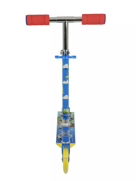 Front-facing view of the Toy Story inline scooter showing blue character-printed stem, red foam grips, yellow deck with Toy Story artwork and yellow inline wheel