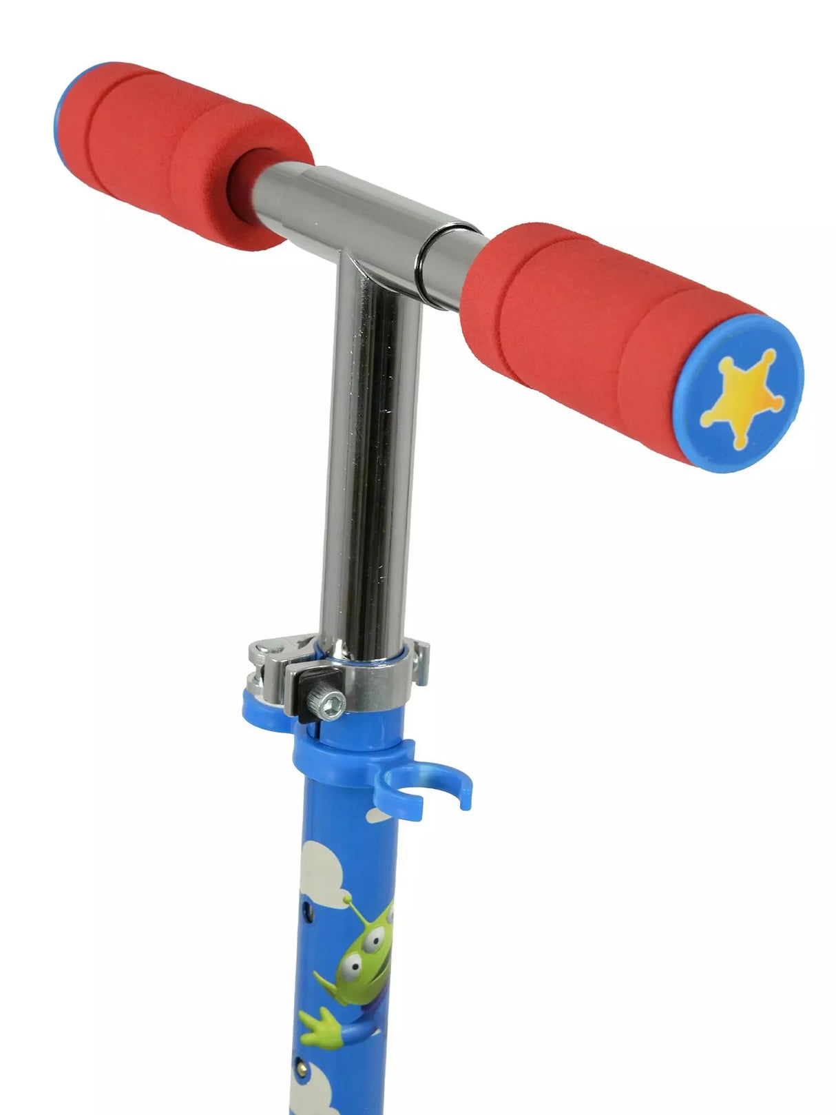 Close-up of the Toy Story scooter T-bar handlebar showing red foam grips with blue sheriff star end caps and Toy Story alien character graphics on the blue stem