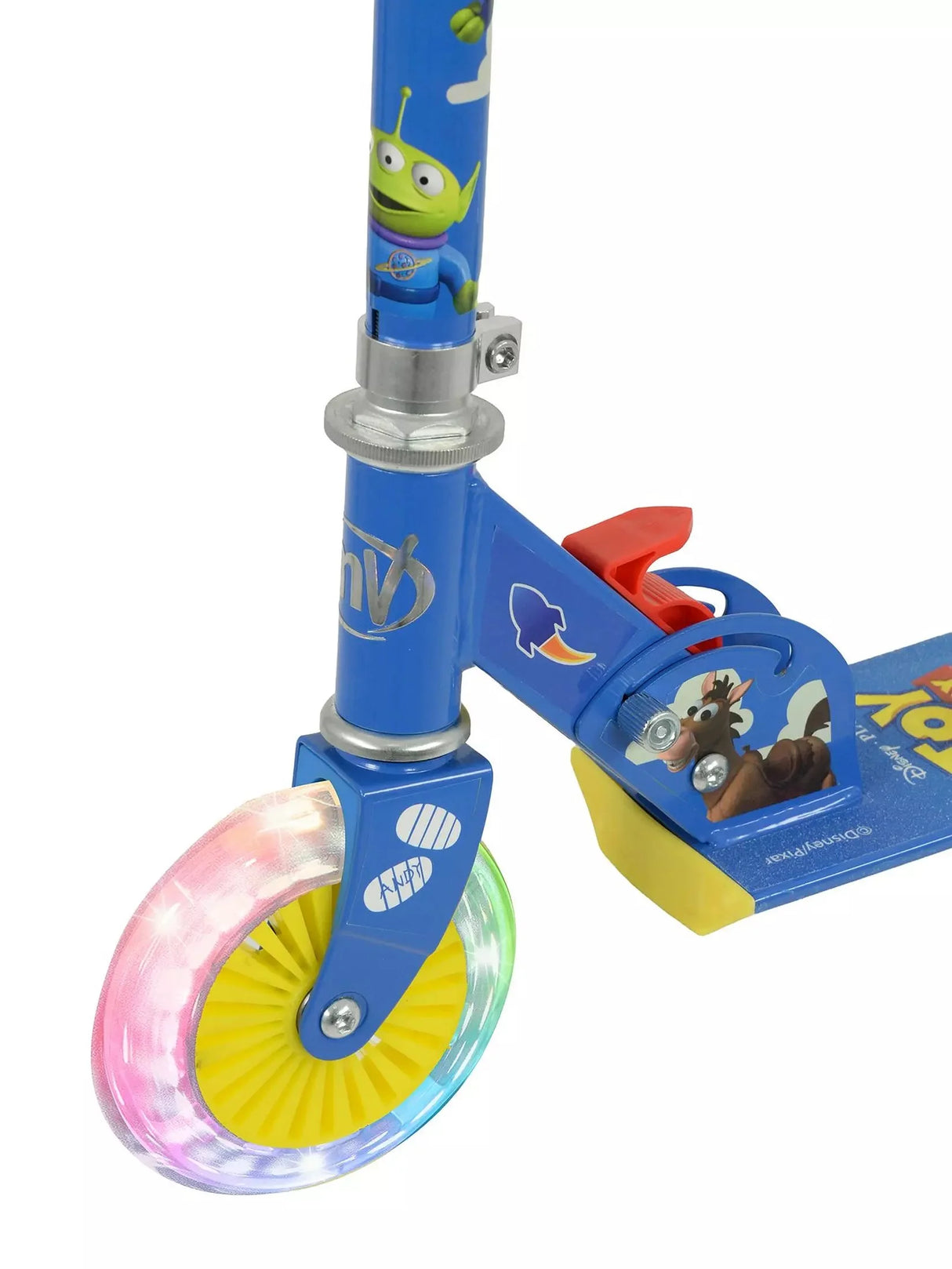 Close-up of the Toy Story scooter front wheel showing multicolour LED lights illuminated through a yellow hub, with red rear brake and Bullseye character graphic on the deck visible