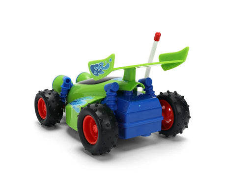 Toy Story RC Turbo Buggy viewed from the rear, showing the green spoiler with blue graphics, blue rear body section, red wheel rims and black tyres.