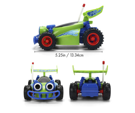 Toy Story RC Turbo Buggy shown from the side, front and rear, with green body, blue spoiler, red wheels and a length measurement of 13.34 cm.
