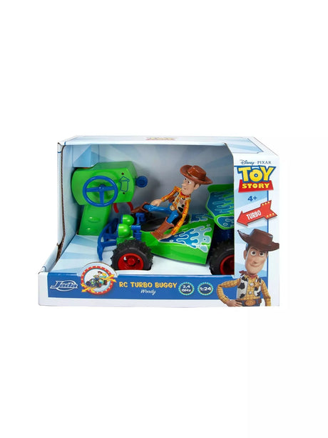 Toy Story Woody RC Turbo Buggy 1:24 in official Jada Toys Disney Pixar packaging, showing 2.4GHz frequency, age 4+ rating and Woody figure on box