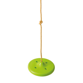 Lime TP Button Swing Seat hanging from a single rope on a plain background