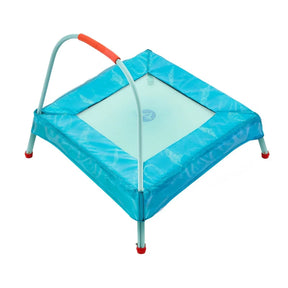 TP Junior Trampoline shown from an angled view with blue padded frame and handlebar