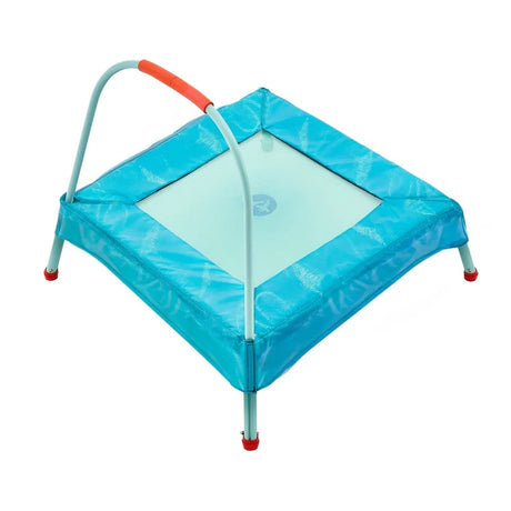 TP Junior Trampoline shown from an angled view with blue padded frame and handlebar