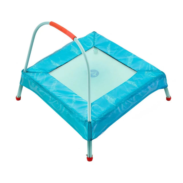 TP Junior Trampoline shown from an angled view with blue padded frame and handlebar