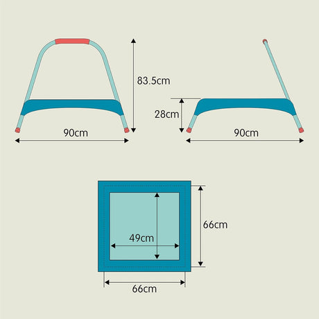 TP Junior Trampoline dimensions diagram showing handle height, mat height and square mat measurements