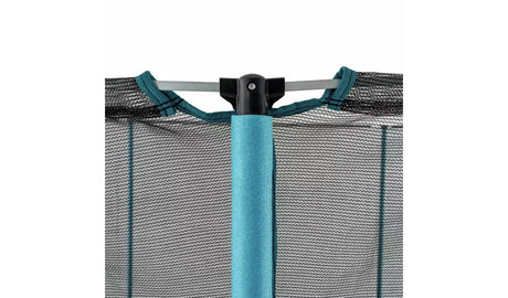 TP Up 8ft trampoline close up showing enclosure pole cap, blue pole padding and safety net