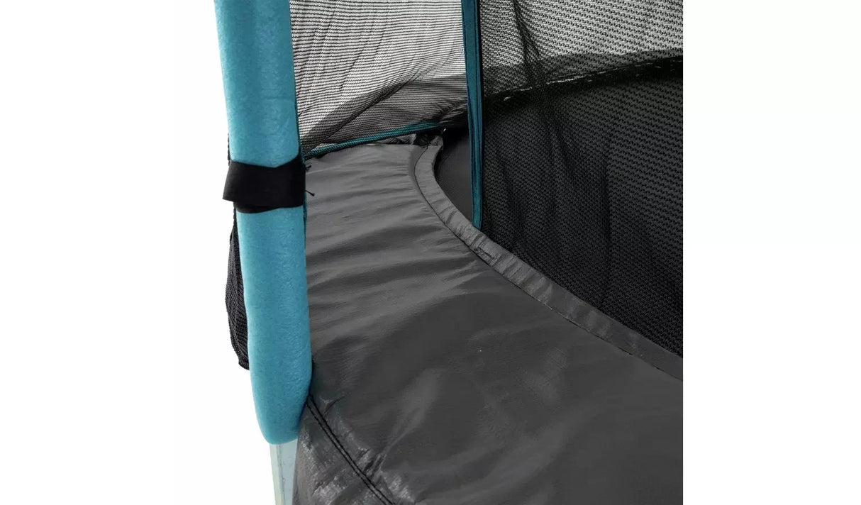 TP Up 8ft trampoline close up showing enclosure net, blue pole, black strap and grey frame padding