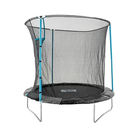 TP Up 8ft trampoline shown with safety enclosure, blue poles and grey edge padding