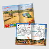 Inside pages of Tractor Ted Activity Book showing colouring pages and games with tractors, diggers and farm scenes