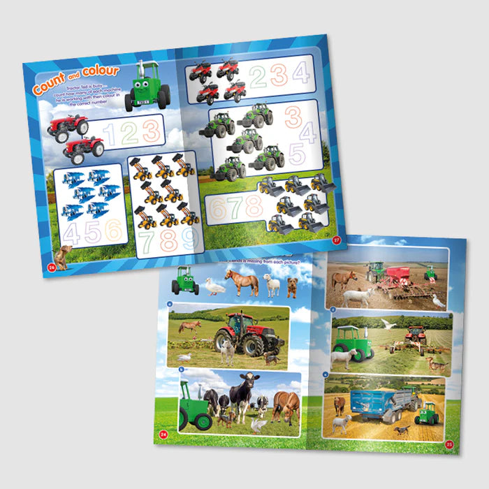 Inside pages of Tractor Ted Activity Book showing count and colour activities with tractors, farm machines and numbered exercises