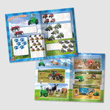 Inside pages of Tractor Ted Activity Book showing count and colour activities with tractors, farm machines and numbered exercises