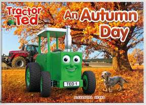 Tractor Ted An Autumn Day book cover showing green tractor and dog on an autumn farm in Ireland