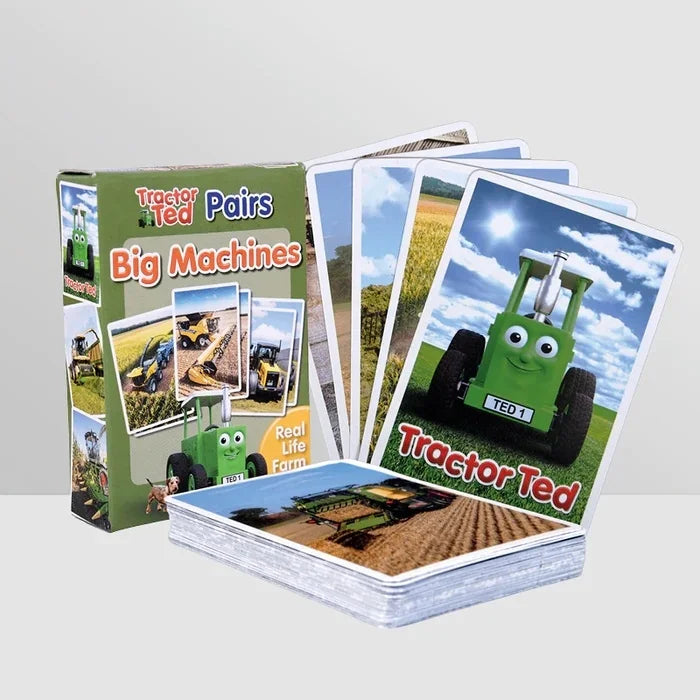 Tractor Ted Big Machines Pairs Game box with matching cards displayed showing green tractor artwork and machine themed playing cards