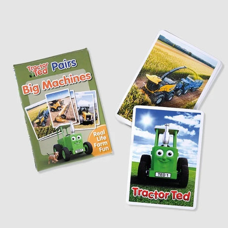 Tractor Ted Big Machines Pairs Game cards spread out showing illustrated farm machines including tractors, diggers and harvesters