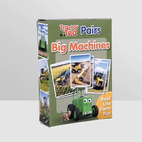 Tractor Ted Big Machines Pairs Game box front showing green tractor illustration and farm machinery matching card game design