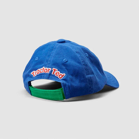 Back view of blue Tractor Ted cap showing embroidered Tractor Ted text and green adjustable velcro strap