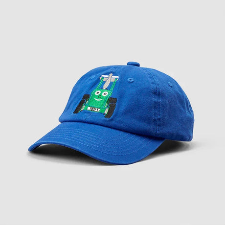 Blue Tractor Ted cap front angle view showing embroidered green Tractor Ted character on crown