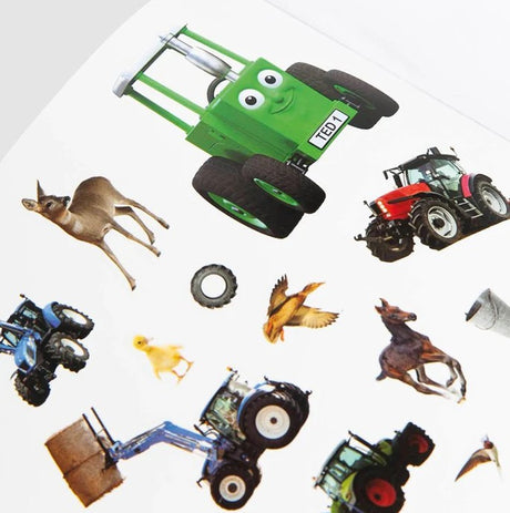 Close-up of Tractor Ted stickers including tractors, animals, and farm items – Ireland