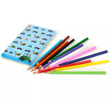 Tractor Ted colouring pencil tin with light blue vehicle pattern shown alongside 12 coloured pencils on a white background