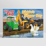 Cover of Tractor Ted Dibbles Digger Day storybook with Tractor Ted, a digger, Dibble the duck and farmyard animals