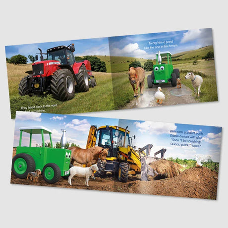 Inside pages of Dibbles Digger Day showing Tractor Ted, animals and digger scenes on the farm