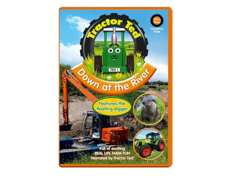 Tractor Ted Down at the River DVD cover showing green Tractor Ted character, floating digger, riverbank scene and orange border