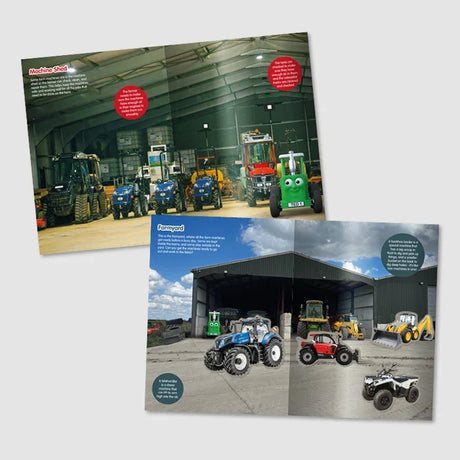 Inside pages of Tractor Ted Fantastic Farm Sticker Book showing tractors parked in a machinery shed and a farmyard with telehandlers, tractors and agricultural equipment.