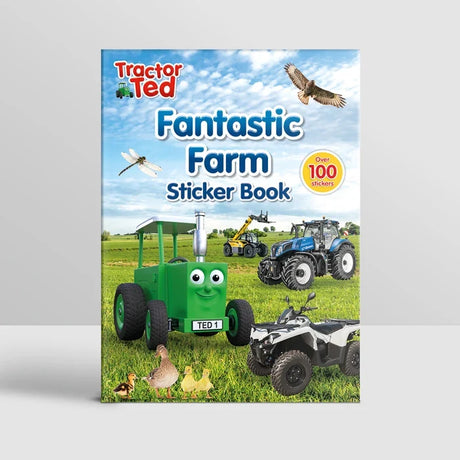 Front cover of Tractor Ted Fantastic Farm Sticker Book showing Tractor Ted, a blue tractor, telehandler, quad bike, ducks and countryside wildlife, with over 100 stickers advertised.