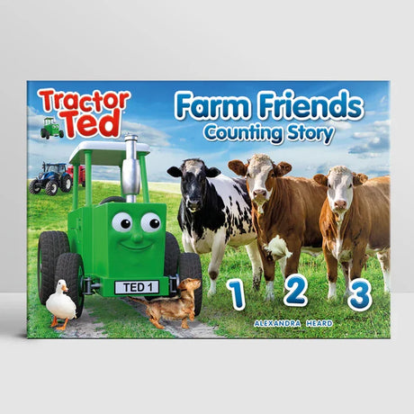 Tractor Ted Farm Friends Counting Storybook front cover showing green Tractor Ted character with cows, sheep and farm scene illustration