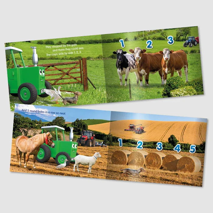 Open inside pages of Tractor Ted Farm Friends Counting Storybook showing farm animals, hay bales and counting numbers layout