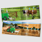 Open inside pages of Tractor Ted Farm Friends Counting Storybook showing farm animals, hay bales and counting numbers layout
