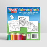 Back cover of Tractor Ted Farm Fun Colouring Book with sample colouring pages, blue sky background and a row of coloured pencils along the bottom