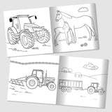 Open Tractor Ted colouring book showing black and white line drawings of tractors, horses, foal, trailer and farm scenes across two pages