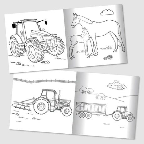 Open Tractor Ted colouring book showing black and white line drawings of tractors, horses, foal, trailer and farm scenes across two pages