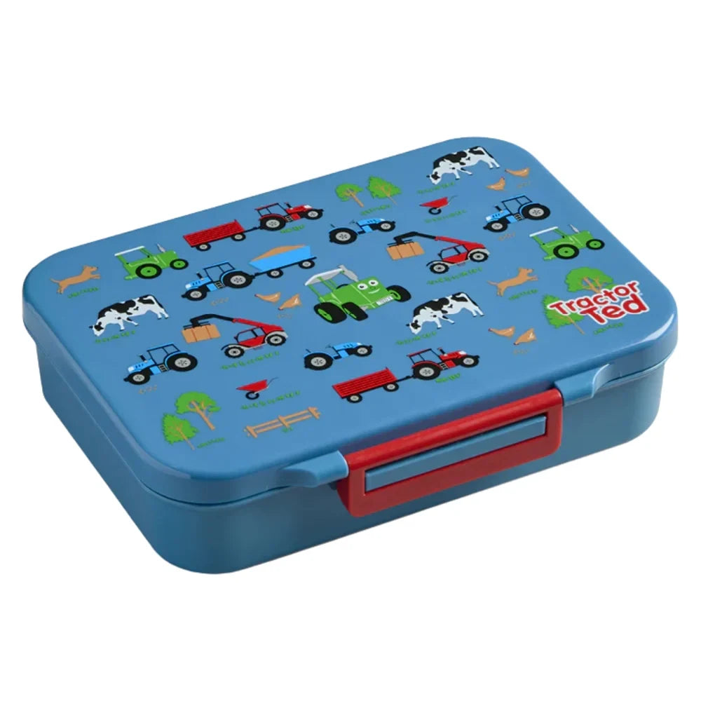 Closed blue Tractor Ted Farmyard Lunch Box with red handle and colourful illustrations of tractors, trailers, cows, chickens and farm equipment.